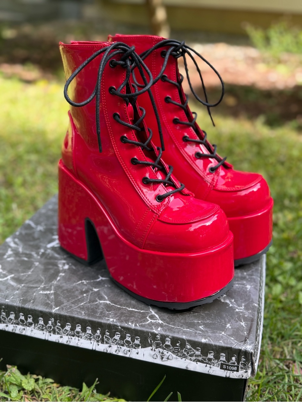 Demonia Red Patent Platform Camel Boots